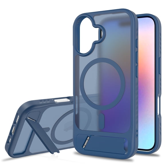 Decase Magnetic Case for iPhone 16,Translucent Slim Hard Phone Case with Built-in 45° Invisible Kickstand,Skin-Feel Matte Shockproof Back Cover,Darkblue