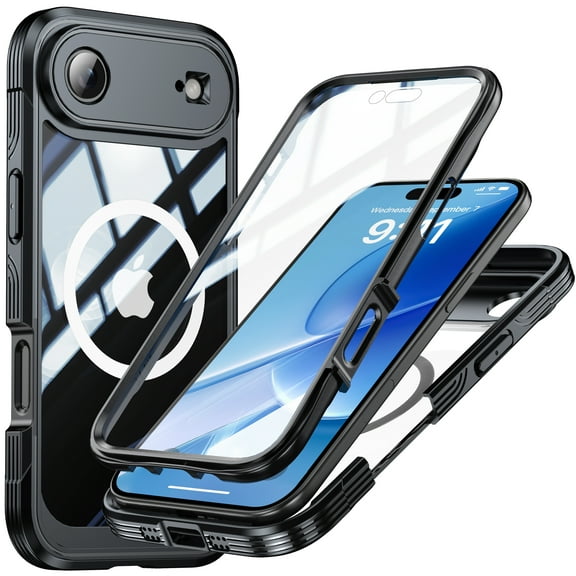 Decase Magnetic Case for iPhone 17 Air 2025,Military Grade Rugged 360 Full Body Cover Built in Screen Protector,Compatible with Mag-Safe,Heavy Duty Hard PC+TPU Hybrid Clear Cover,Black