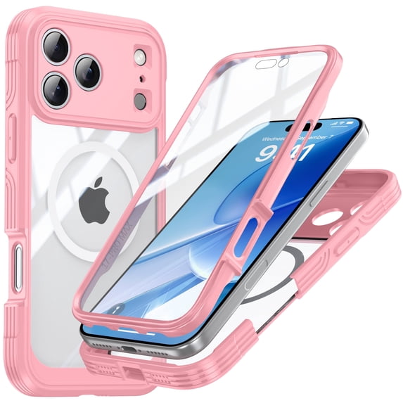 Decase Magnetic Case for iPhone 17 Pro Max 2025,Military Grade Rugged 360 Full Body Cover Built in Screen Protector,Compatible with Mag-Safe,Heavy Duty Hard PC+TPU Hybrid Clear Cover,Pink