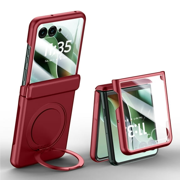 Decase Magnetic Kickstand Case with Built-in Screen Protector Compatible with Motorola Razr 60 Ultra, Shockproof Hard PC Back Cover with 360° Rotating Ring Stand, Full Protection,Red