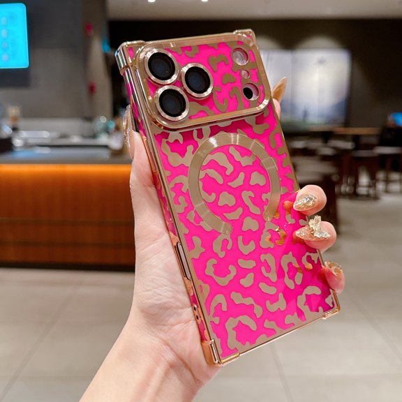 Decase Magnetic Leopard Print Phone Case for iPhone 17 Pro,Shockproof Flexible TPU Back Cover,Glossy 6D Plated Frame Slim Protective Case Bulit in Camera Lens Protector,Rose