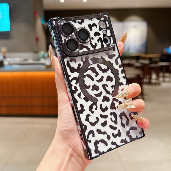 Decase Magnetic Leopard Print Phone Case for iPhone 17 Pro,Shockproof Flexible TPU Back Cover,Glossy 6D Plated Frame Slim Protective Case Bulit in Camera Lens Protector,White