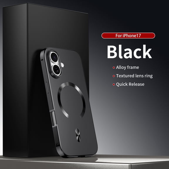 Decase Magnetic Metal Frame Case for iPhone 17, Matte Shock-Absorbent Back Cover, Lightweight Non-Slip Alloy Frame Phone Case,Black