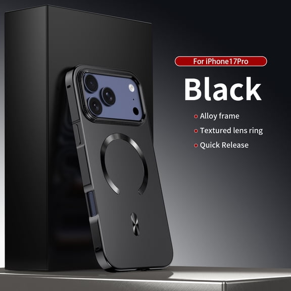 Decase Magnetic Metal Frame Case for iPhone 17 Pro, Matte Shock-Absorbent Back Cover, Lightweight Non-Slip Alloy Frame Phone Case,Black