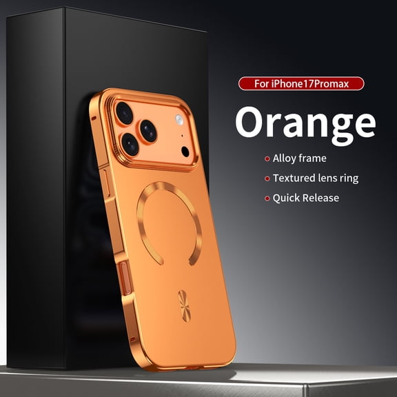 Decase Magnetic Metal Frame Case for iPhone 17 Pro Max, Matte Shock-Absorbent Back Cover, Lightweight Non-Slip Alloy Frame Phone Case,Orange