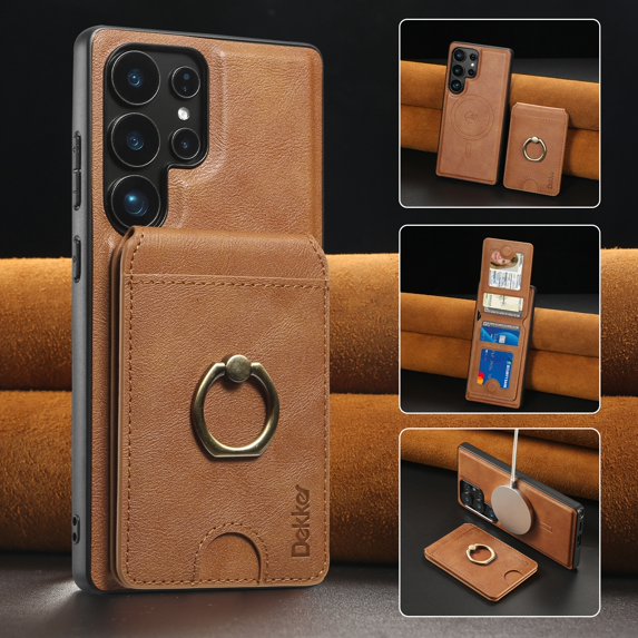 Decase Magnetic Phone Case for Samsung Galaxy S25 Case,2-in-1 Magnetic Flip Shockproof Cover with Ring Stand & Card Slots,Compatible with Mag-Safe,Premium Leather Wallet Case,Brown