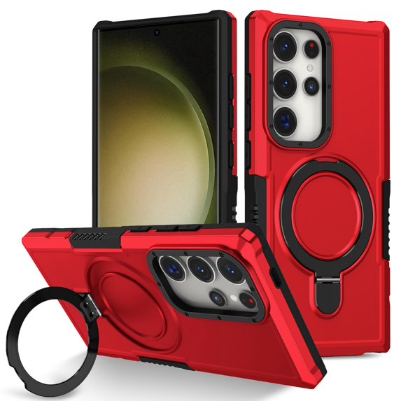 Decase Magnetic Stand Phone Case for Samsung Galaxy S25 Ultra,Hard PC+Soft TPU+Fulcrum Bracket Phone Case,Shockproof Anti-Drop Protective Cover,Military Cases Bult-in Hidden Bracket,Red