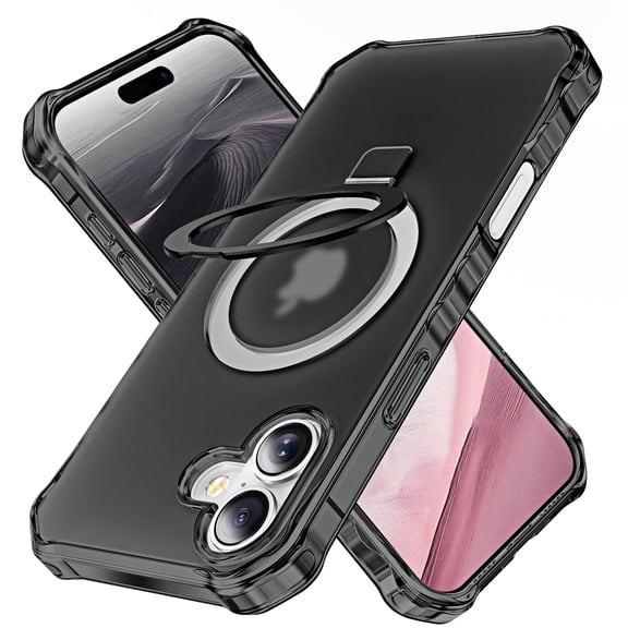Decase Magnetic Stand Ring Compatible with iPhone 16 Case,Military Grade Drop Protection,Compatible with Mag-Safe,Kickstand Slim Matte Case for iPhone 16,Black