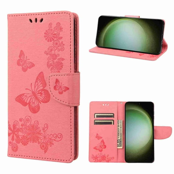 Decase Magnetic Wallet Card Holder Case for Samsung Galaxy A14 5G, Shockproof Kickstand Wrist Strap Butterfly Floral Embossed PU Leather Flip Cover,pink