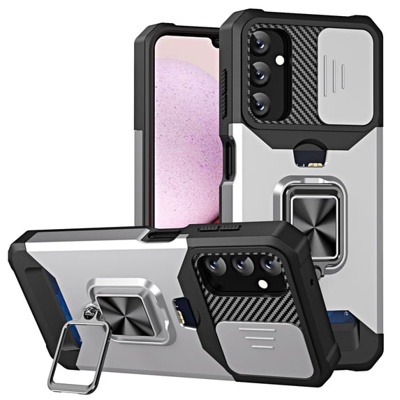 Decase Military Grade Case for Samsung Galaxy A35 with Slide Camera Lens Protector,Shockproof 360° Ring Kickstand Magnetic Phone Case Built-in Wallet Card Slots for Galaxy A35,Silver