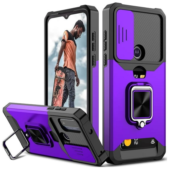 Decase for Moto G Pure Case,for Moto G Power 2022 Case with Sliding Lens Cover and Wallet Card Holder Heavy Duty Protective Magnetic Kickstand Ring Case for Moto G Pure/Moto G Power 2022,Purple