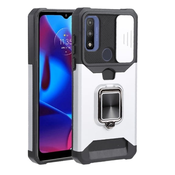 Decase for Moto G Pure Case,for Moto G Power 2022 Case with Sliding Lens Cover and Wallet Card Holder Heavy Duty Protective Magnetic Kickstand Ring Case for Moto G Pure/Moto G Power 2022,Silver