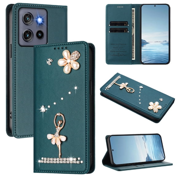 Decase for Moto G Stylus 5G (2025) Wallet Case,Premium PU Leather Flip Cover with Card Slot,Rhinestone Dancing Girl Pattern Cover,Shockproof Solid Color Case,Dark Green