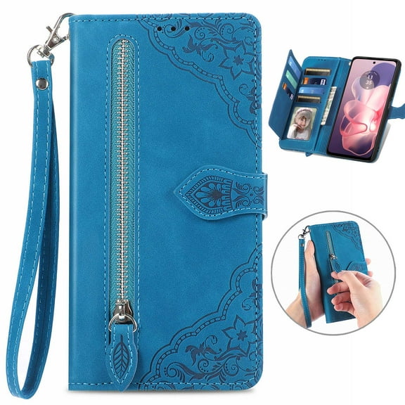 Decase for Motorola Moto G 2025 Case Wallet with Card Holder Slots & Zipper Pocket, Embossed PU Leather Flip Cover with Wrist Strap for Moto G 5G 2025,Blue
