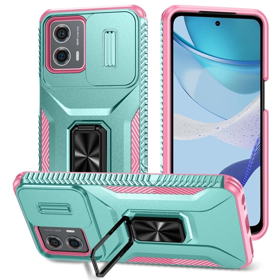 Decase for Motorola Moto G Play 4G 2024 Case with Slide Camera Protector,Military-Grade Shockproof Dual Layer Hybrid Phone Case Magnetic Kickstand Cover for Moto G Play 4G 2024,Mint+Pink