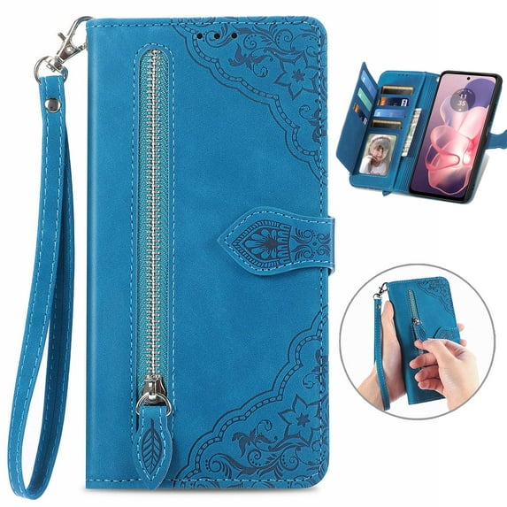 Decase for Motorola Moto G Power 2025 Case Wallet with Card Holder Slots & Zipper Pocket, Embossed PU Leather Flip Cover with Wrist Strap for Moto G Power 5G 2025,Blue