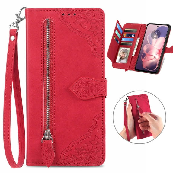 Decase for Motorola Moto G Power 2025 Case Wallet with Card Holder Slots & Zipper Pocket, Embossed PU Leather Flip Cover with Wrist Strap for Moto G Power 5G 2025,Red
