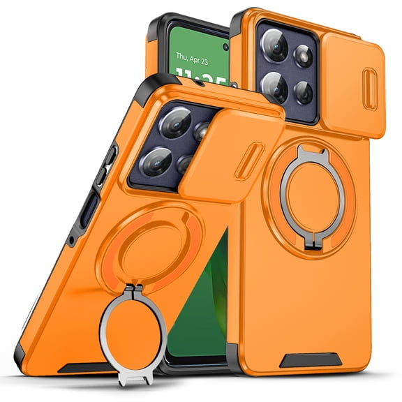 Decase for Motorola Moto G Power (2025), Hard Plastic Shell Phone Case, Compatible with Mag Safe Accessories, with Phone Ring Grip Holder Kickstand/Slide Camera Cover,Rugged Shockproof Cover,Orange