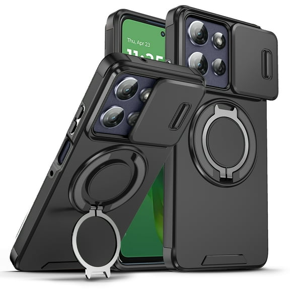 Decase for Motorola Moto G Power (2025), Hard Plastic Shell Phone Case, Compatible with Mag Safe Accessories, with Phone Ring Grip Holder Kickstand/Slide Camera Cover,Rugged Shockproof Cover,Black