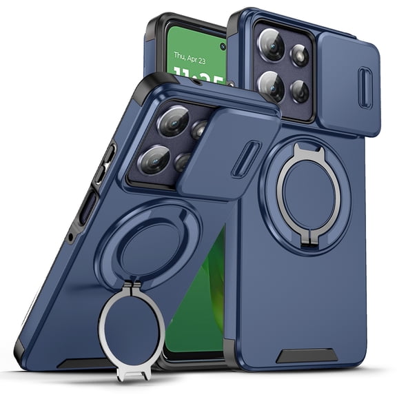 Decase for Motorola Moto G Power (2025), Hard Plastic Shell Phone Case, Compatible with Mag Safe Accessories, with Phone Ring Grip Holder Kickstand/Slide Camera Cover,Rugged Shockproof Cover,Blue