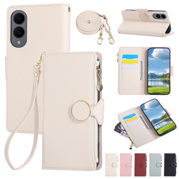Decase PU Leather Wallet Case Compatible with Samsung Galaxy S22 Plus with Card Slots and Zipper Pocket,Shockproof Flip Cover with Stand,Magnetic Closure,Wrist and Shoulder Strap,Slim Back Cover,Beige