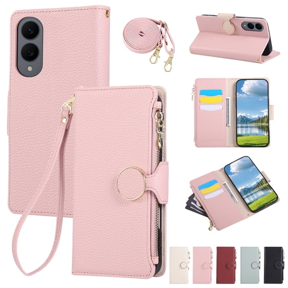 Decase PU Leather Wallet Case Compatible with Samsung Galaxy S22 Plus with Card Slots and Zipper Pocket,Shockproof Flip Cover with Stand,Magnetic Closure,Wrist and Shoulder Strap,Slim Back Cover,Pink
