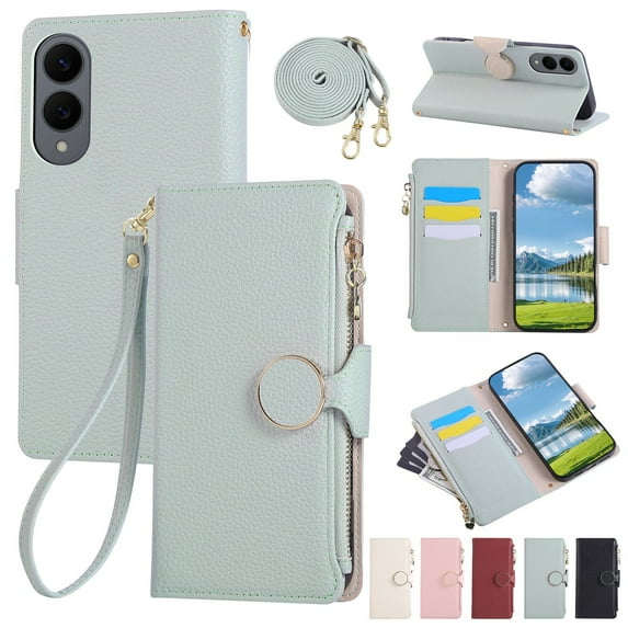 Decase PU Leather Wallet Case Compatible with Samsung Galaxy S22 Plus with Card Slots and Zipper Pocket,Shockproof Flip Cover with Stand,Magnetic Closure,Wrist and Shoulder Strap,Slim Back Cover,Cyan