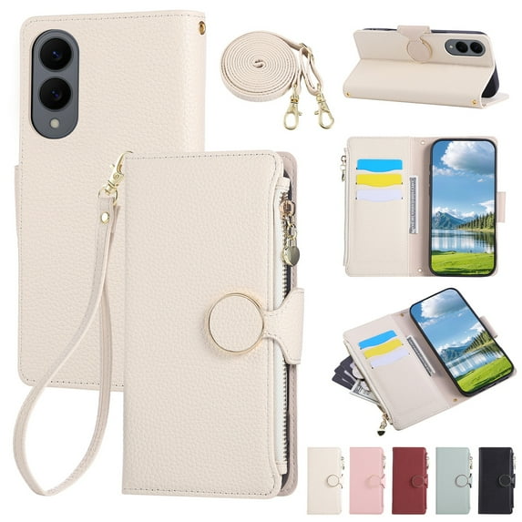Decase PU Leather Wallet Case Compatible with Samsung Galaxy S24 Ultra with Card Slots & Zipper Pocket,Shockproof Flip Cover with Stand,Magnetic Closure,Wrist and Shoulder Strap,Slim Back Cover,Beige