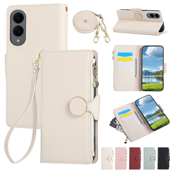 Decase PU Leather Wallet Case Compatible with Samsung Galaxy S24 Ultra with Card Slots & Zipper Pocket,Shockproof Flip Cover with Stand,Magnetic Closure,Wrist and Shoulder Strap,Slim Back Cover,Beige