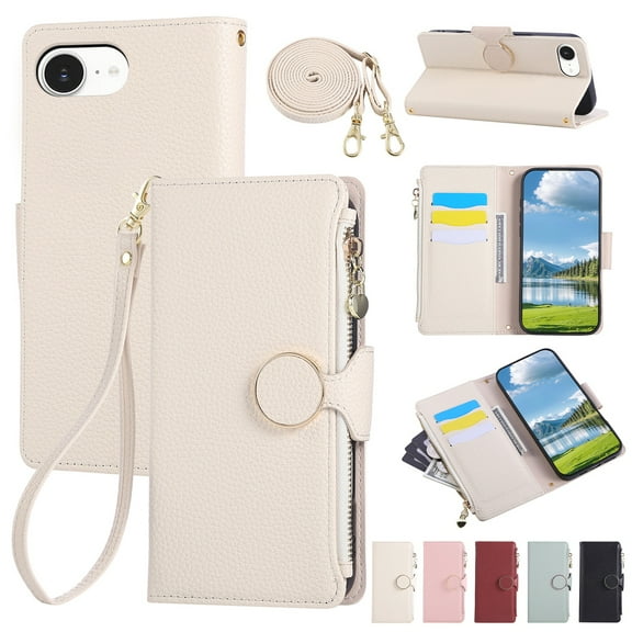 Decase PU Leather Wallet Case Compatible with iPhone 11 with Card Slots and Zipper Pocket, Shockproof Flip Cover with Kickstand, Magnetic Closure, Wrist and Shoulder Strap, Slim Back Cover,Beige