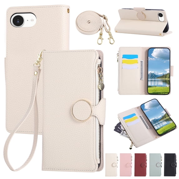 Decase PU Leather Wallet Case Compatible with iPhone 14 Plus with Card Slots and Zipper Pocket, Shockproof Flip Cover with Kickstand, Magnetic Closure, Wrist and Shoulder Strap, Slim Back Cover,Beige