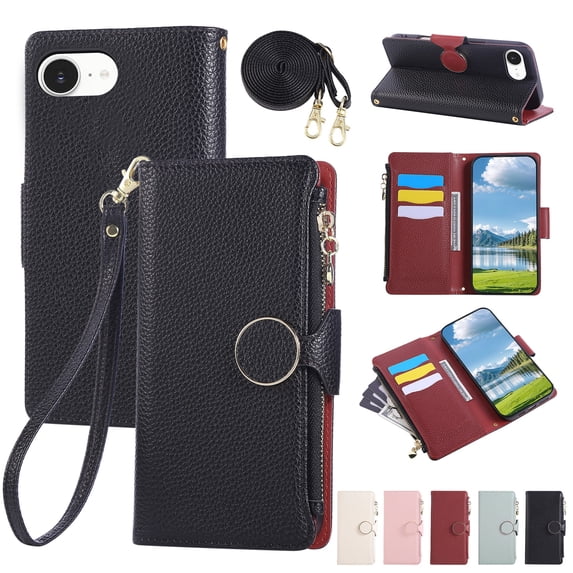 Decase PU Leather Wallet Case Compatible with iPhone 14 Plus with Card Slots and Zipper Pocket, Shockproof Flip Cover with Kickstand, Magnetic Closure, Wrist and Shoulder Strap, Slim Back Cover,Black