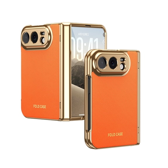 Decase Phone Case for Apple iPhone Duo, Hard Shell with Flexible Spine Guard, Integrated Outer Display Glass and Vegan Houndstooth Leather Back, Orange