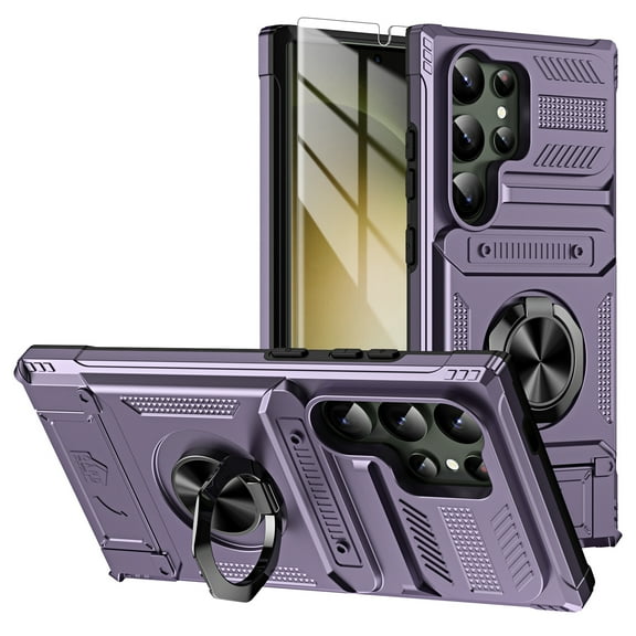 Decase Phone Case for Samsung Galaxy S24 Ultra with Screen Protector,Military Grade Shockproof Case  [TPU + PC] with Hidden Card Slots & Ring Kickstand Magnetic Car Mount for Galaxy S24 Ultra,Violet