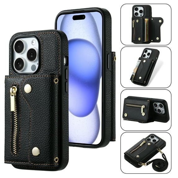 Decase Phone Case for iPhone 15 Pro Zipper Wallet Cover with Card Holder Slot Shoulder Crossbody Strap Long Lanyard Leather for Women Men,Black