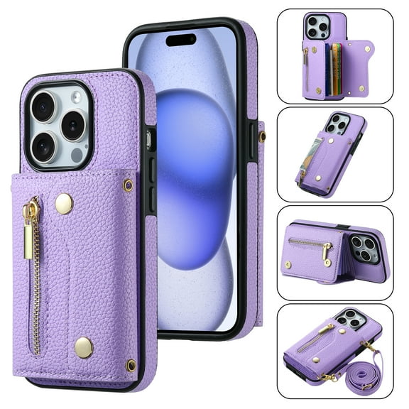 Decase Phone Case for iPhone 15 Pro Zipper Wallet Cover with Card Holder Slot Shoulder Crossbody Strap Long Lanyard Leather for Women Men,Purple