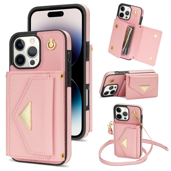 Decase Phone Case for iPhone 16 Pro Max 6.9 inch Wallet Cell Cover with Card Holder Slot Stand Crossbody Strap Long Lanyard Leather for iPhone 16 Pro Max 6.9" 2024 Women Girls,Pink