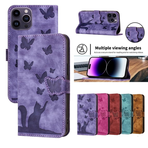 Decase Phone Shell for Apple iPhone 15,Butterfly Cat Embossed Pattern Folio PU Leather Card Slots Holder Wallet Cover Case With Magnetic Clasp,for iPhone 15 - Purple