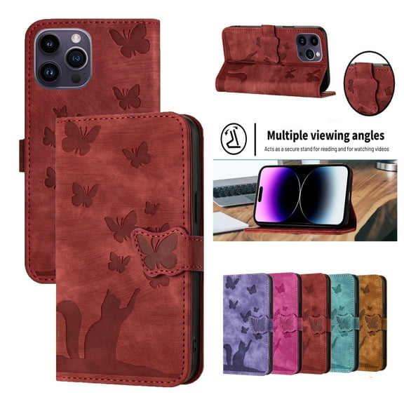Decase Phone Shell for Apple iPhone 15,Butterfly Cat Embossed Pattern Folio PU Leather Card Slots Holder Wallet Cover Case With Magnetic Clasp,for iPhone 15 - Winered
