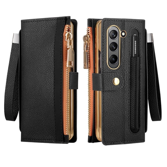 Decase Phone Shell for Samsung Galaxy Z Fold 5 5G ,With Built-in Front Screen Protector Luxury Premium Zipper Pocket Leather Card Slot Stand Wallet Phone Case Cover for Samsung Z Fold 5,Black