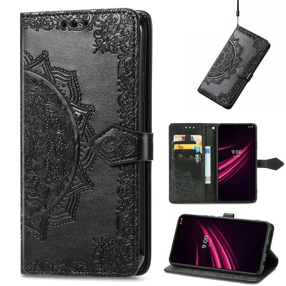 Decase Phone Shell for T-Mobile REVVL 6 5G,Premium Embossed Mandala Pattern Shockproof Folio PU Leather Card Slots Holder Wallet Case with Hand Strap for T-Mobile REVVL 6 5G,Black