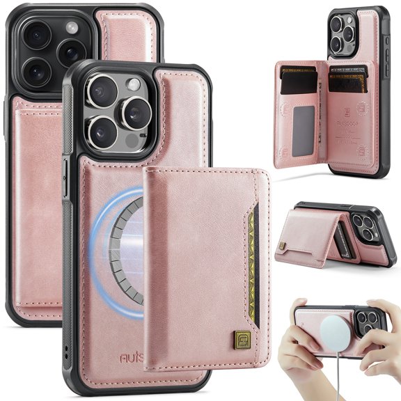 Decase Premium Magnetic Detachable Wallet Case for iPhone 13 Pro Max,Shock-Absorbent, Anti-Scratch PU Leather+TPU Bumper Cover, Slim & Rugged, with Credit Card Slots, Fits Mag-Safe Car Mount,Rosegold