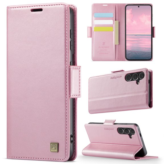 Decase Premium Magnetic Flip Wallet Case with RFID Blocking+Card Slots Durable TPU Shell Kickstand Phone Cover,Luxury PU Leather & TPU Material Shockproof Case for Samsung Galaxy S24 FE,Rosegold