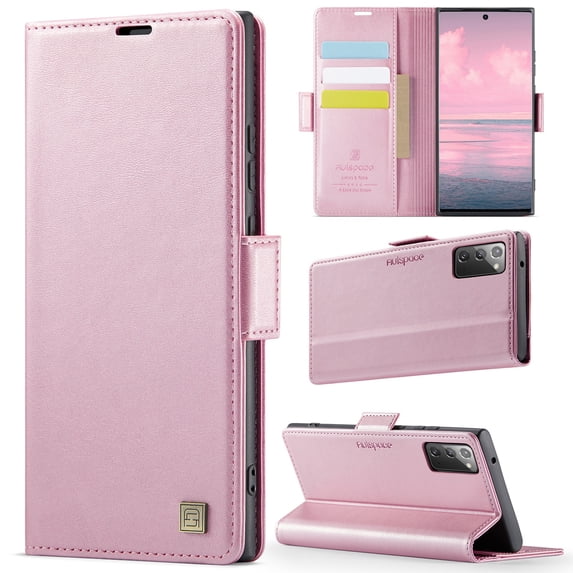 Decase Premium Magnetic Flip Wallet Case with RFID Blocking+Card Slots Durable TPU Shell Kickstand Phone Cover,Luxury PU Leather & TPU Material Shockproof Case for Samsung Galaxy Note 20,Rosegold