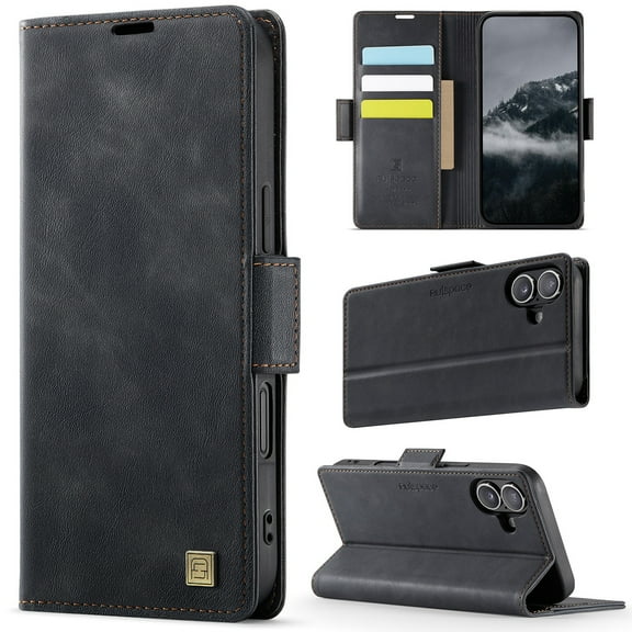 Decase Premium Magnetic Flip Wallet Case with RFID Blocking+Card Slots Durable TPU Shell Kickstand Phone Protective Cover,Luxury PU Leather & TPU Material Shockproof Case for iPhone 16,Black
