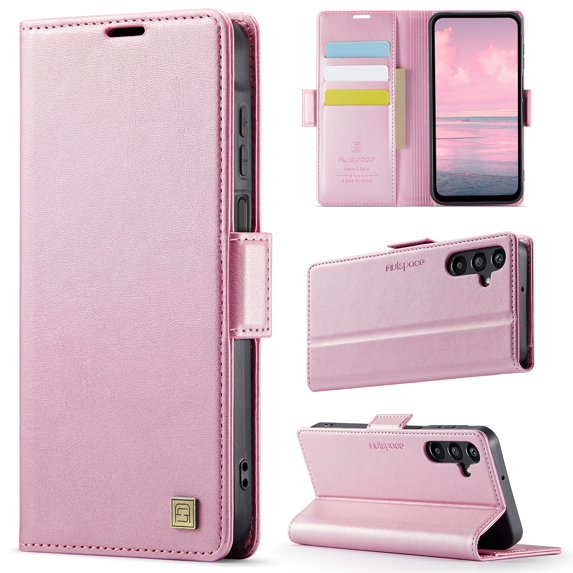 Decase Premium Magnetic Flip Wallet Case with RFID Blocking+Card Slots Durable TPU Shell Kickstand Protective Cover,Luxury PU Leather & TPU Material Shockproof Case for Samsung Galaxy A16 5G,Rosegold