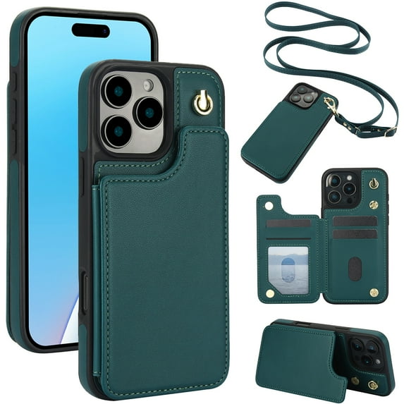Decase Premium Wallet Phone Case for iPhone 16 Pro,Shockproof Luxury Leather Kickstand Card Slots Case for Women Men,Double Magnetic Clasp Flip Leather Wallet Cover with Shoulder Strap,Green