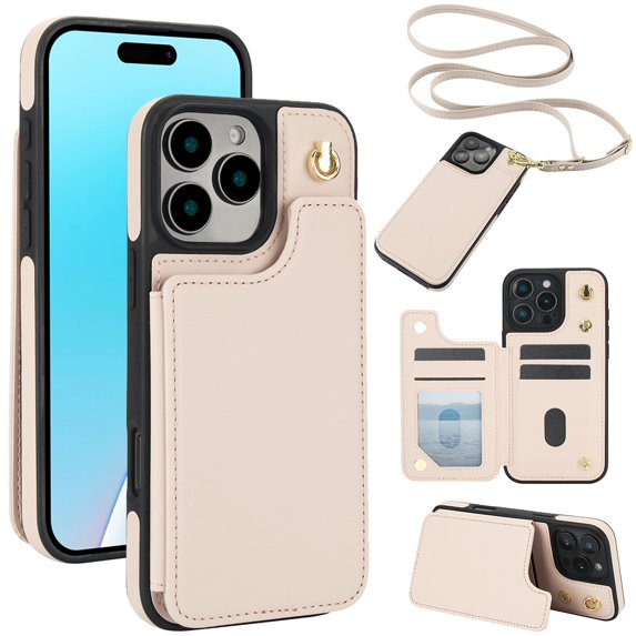 Decase Premium Wallet Phone Case for iPhone 16 Pro,Shockproof Luxury Leather Kickstand Card Slots Case for Women Men,Double Magnetic Clasp Flip Leather Wallet Cover with Shoulder Strap,Apricot