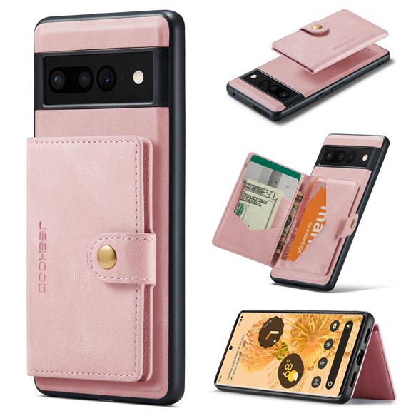Decase Protective Phone Case for Google Pixel 7 Pro, Magnetic Detachable 2 in 1 Retro PU Leather Folio Flip Wallet Card Slim Phone Cover, Pink