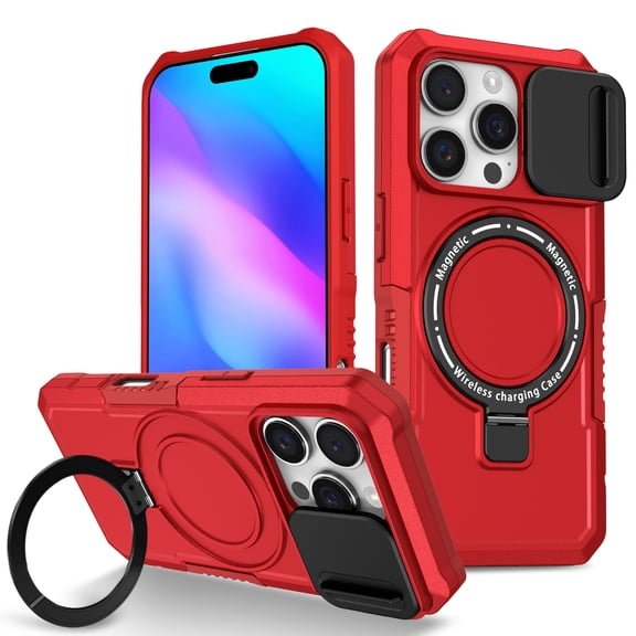 Decase Ring Holder Sliding Window Magnetic Mobile Phone Case for iPhone 16 Pro,Phone Holder,Matte Shockproof Protective Phone Cover for iPhone 16 Pro 6.3 inch Case,Red